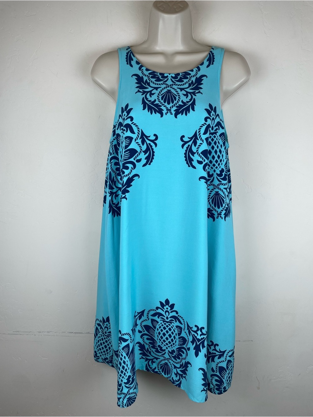 Southern Tide Aqua and Navy Floral Damask Sleeveless Mini Dress